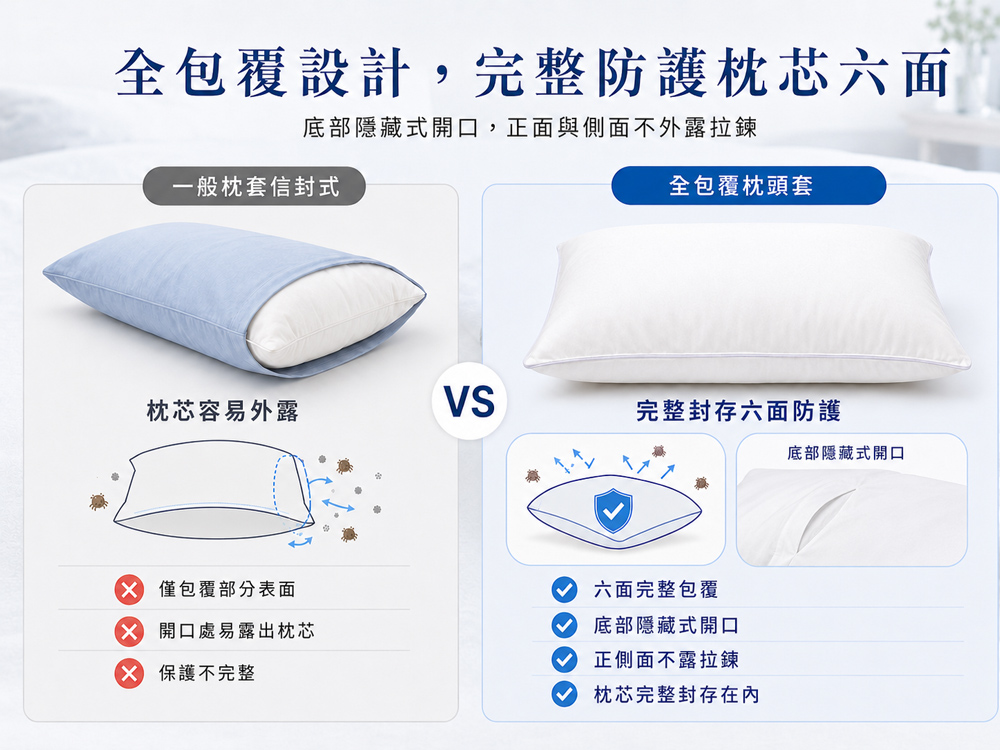 Sleepy全包覆拉鍊式防蟎枕頭套，將整顆枕芯收入套內並封閉開口