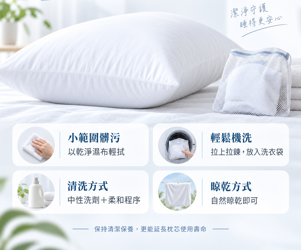 Sleepy防蟎枕頭套清洗方式，拉上拉鍊後放入洗衣袋機洗並自然晾乾