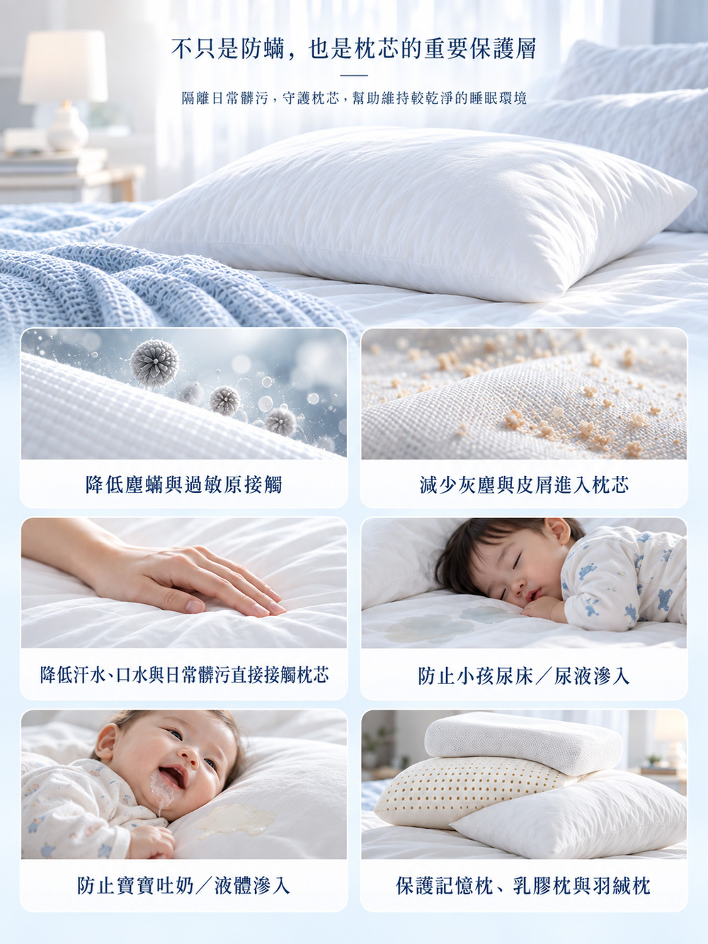 Sleepy防蟎枕頭套保護枕芯，降低塵蟎、灰塵、汗水、尿液與寶寶吐奶等日常髒污接觸枕芯