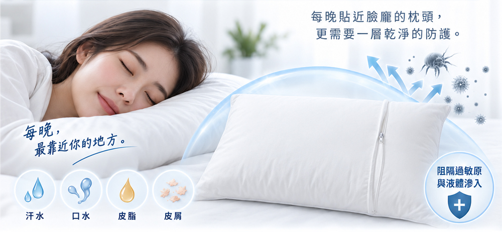 枕頭長時間貼近臉部與口鼻，使用Sleepy防蟎枕頭套完整包覆並保護枕芯