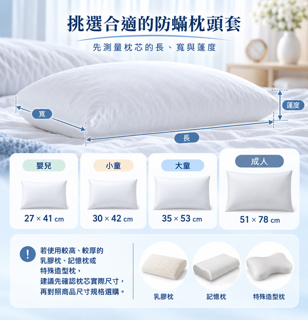 Sleepy防蟎枕頭套尺寸指南，嬰兒27×41、小童30×42、大童35×53、成人51×78公分