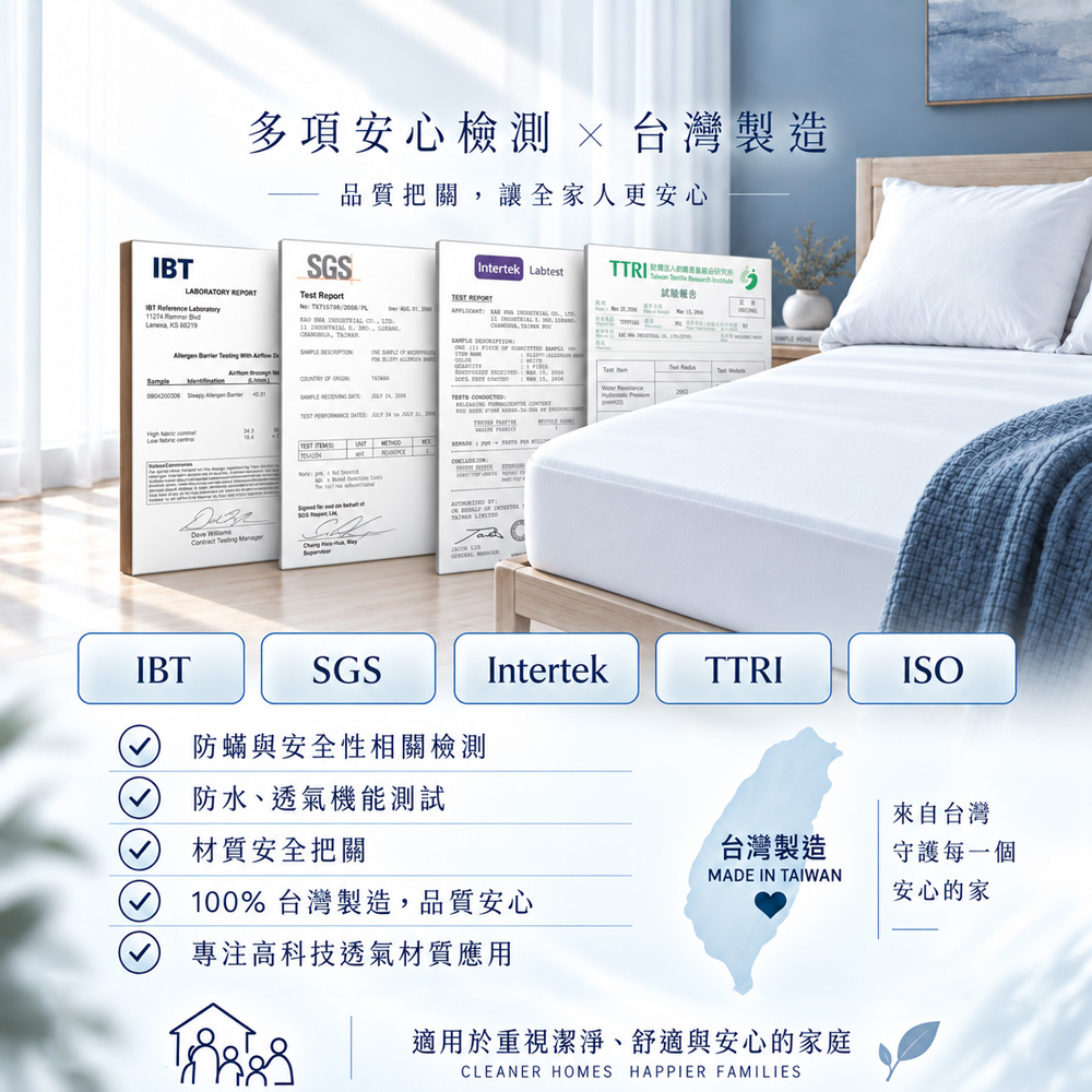 Sleepy防蟎枕頭套第三方測試與台灣製造品質資訊，包含IBT、SGS、Intertek與TTRI相關測試