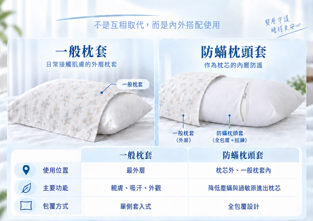 Sleepy防蟎枕頭套與一般枕套差異比較，全包覆內層防護搭配外層日常枕套