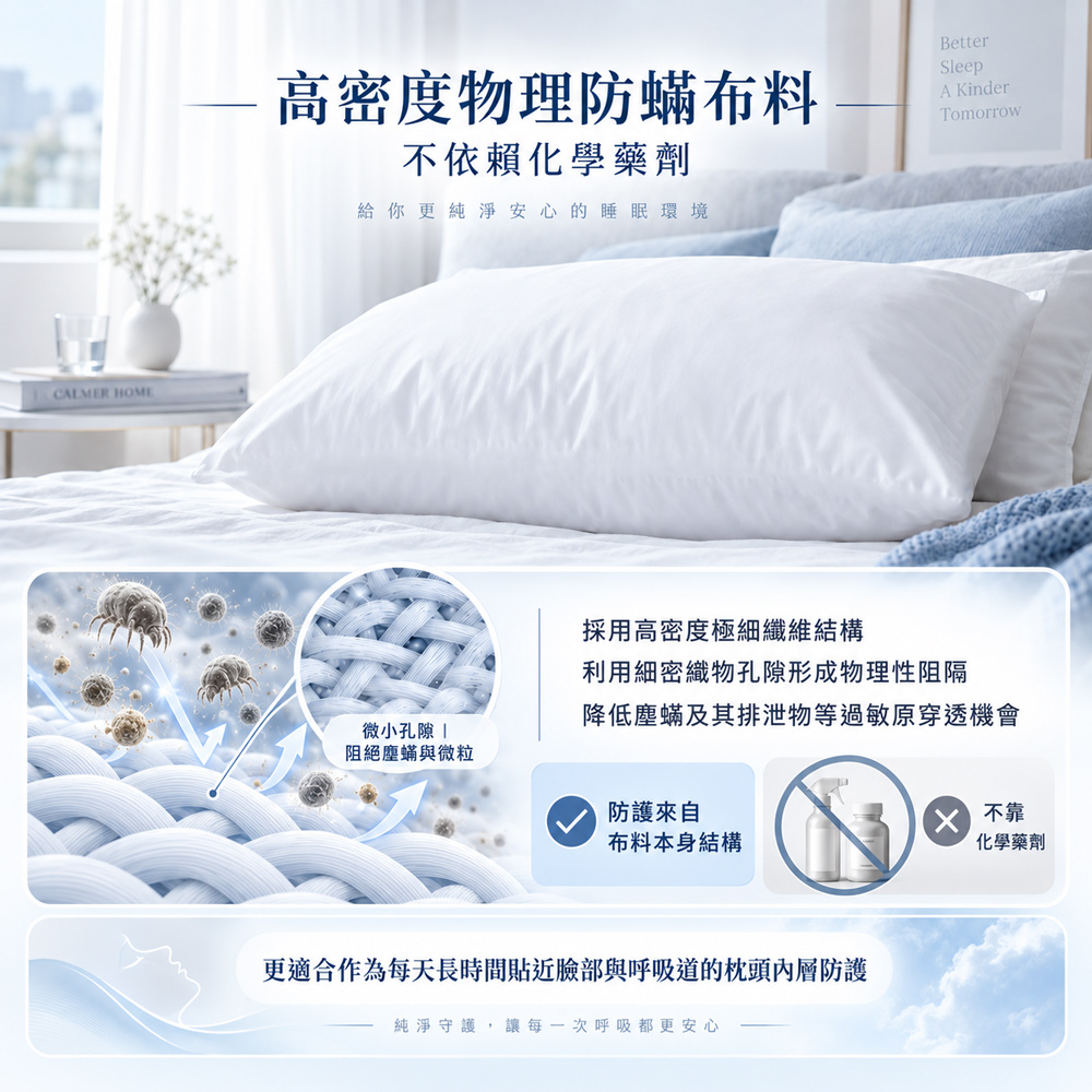 Sleepy高密度物理防蟎布料，以細密纖維結構降低塵蟎與過敏原穿透