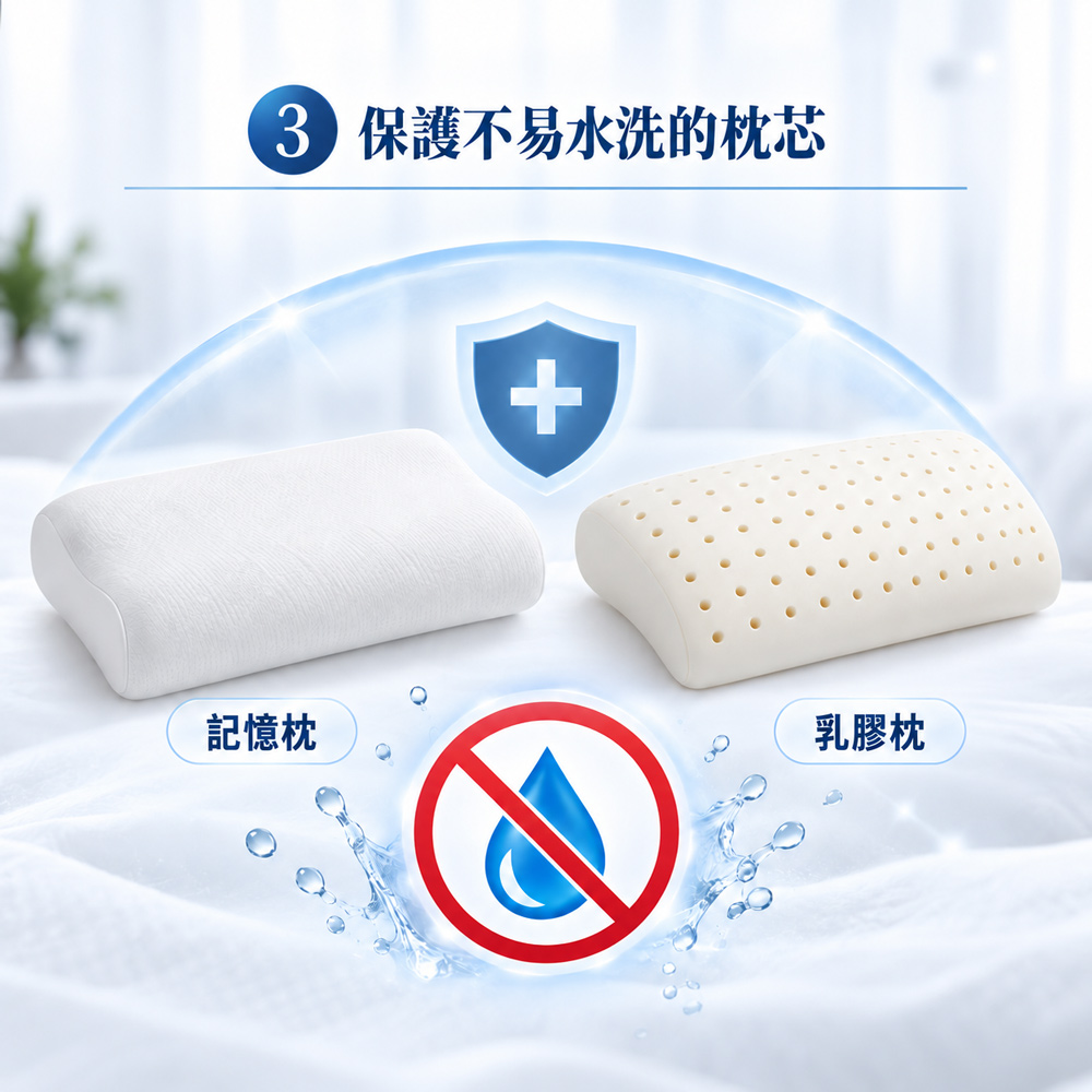 記憶枕與乳膠枕不適合頻繁水洗，可使用Sleepy防蟎枕頭套保護枕芯